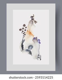 Abstract composition with minimalist spots from Scandinavian artists on wall art. Watercolor print. Artwork with abstract fantastic work in style of surrealism, in frame with decor for poster