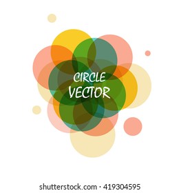 Abstract composition. Minimalistic fashion backdrop design. Colored circle figure icon. Green, yellow, orange sphere font texture. Creative white banner. Bubbles connection flyer fiber. Vector art.