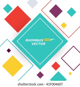 Abstract composition. Minimalistic fashion backdrop design. Colored rhombus figure icon. Green, yellow, red lozenges font texture. Creative white banner. Squares connection flyer fiber. Vector art.