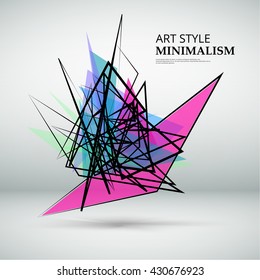 Abstract composition. Minimalistic fashion backdrop design. Bright triangle figure icon. Pink, green, blue font texture. Creative banner. Patch triangular connection flyer fiber. Black lines. Vector.