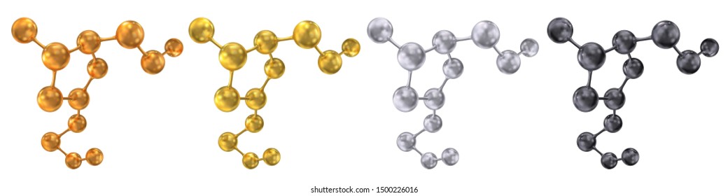 Composición abstracta de un entramado molecular. Moléculas de oro, plata, carbón negro, cobre. Concepto de ciencia y tecnología. Conjunto de ilustraciones vectoriales 3d sobre fondo blanco.