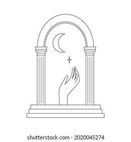 Abstract composition with moon, arch, columns, stairs, hand. Vector illustration in a minimal linear style.