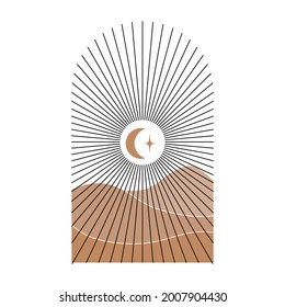 Composición abstracta con luna, arco, paisaje. Ilustración vectorial en un estilo lineal mínimo.