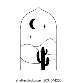 Abstract composition with moon, arch, landscape, cactus. Vector illustration in a minimal linear style.