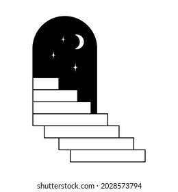 Abstract composition with moon, arch, stairs. Vector illustration in a minimal linear style.