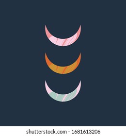 Abstract composition with Moon crescent. Textured elements. Magic and sacred geometry. Multicolor doodle geometric art in vector.