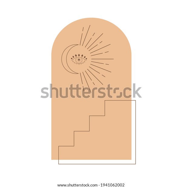 Abstract\
composition with moon, eye, arch, stairs on white background.\
Vector illustration in a minimal linear\
style.