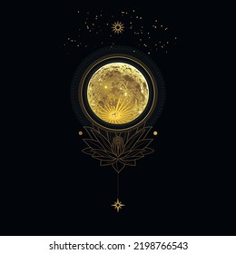 Abstract composition with Moon and lotus. Vector hand drawn illustration in dark boho style