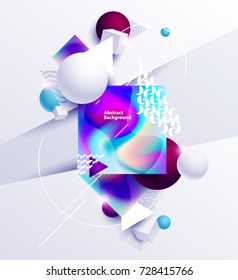 Abstract composition of multicolored cubes and balls on white background