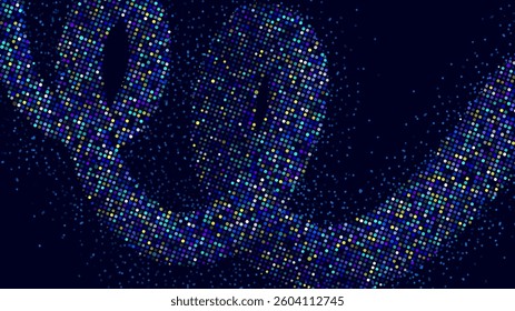 Abstract composition of multicolored dots on a dark background. The pattern creates a sense of motion, resembling  particles forming abstract waves or futuristic data streams.
