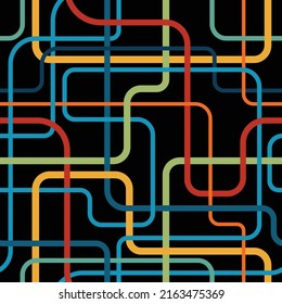 Abstract composition of multicolored lines in a metro map style on a black background. Connection concept. Seamless repeating pattern. Vector illustration.