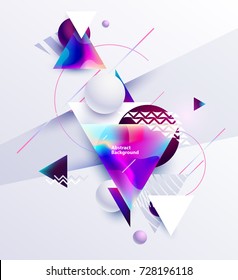 Abstract composition of multicolored triangles and balls on white background