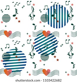 Abstract composition with musical rulers passing through the heart, music notes and signs, stars and geometric elements in memphis style on white background in vector. Seamless print for fabric.
