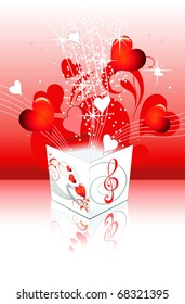 Abstract composition with musically box and hearts