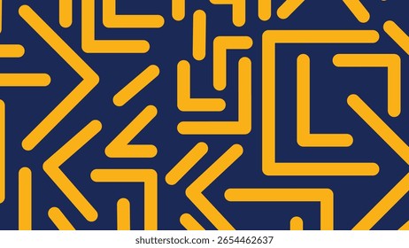 Abstract composition with mustard yellow linear elements on navy blue. Trendy and sharp visual layout for tech or creative branding.