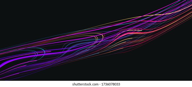Abstract composition of neon lights forming stripe plain diagonal track, graphic design element