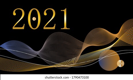 Abstract composition for the new coming year 2021. Golden numbers and abstract lines arranged on a black background.