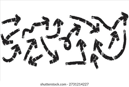 An abstract composition of numerous black arrows pointing in various directions on a plain white background