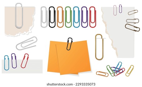 Abstract composition with office metal paper clips pinned on note paper and lacerated peaces of paper sheets isolated vector illustration