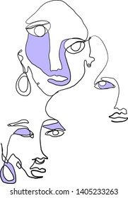 Abstract composition. One line face. Continuous line portrait hand drawing. Trendy modern art. Design print for clothes, poster, card, content for social media