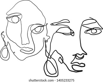 Abstract composition. One line face. Continuous line portrait hand drawing. Trendy modern art. Design print for clothes, poster, card, content for social media