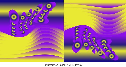 Abstract composition of ovals and waves in a yellow-purple color scheme on a horizontal background. Use it for textures and illustrations.