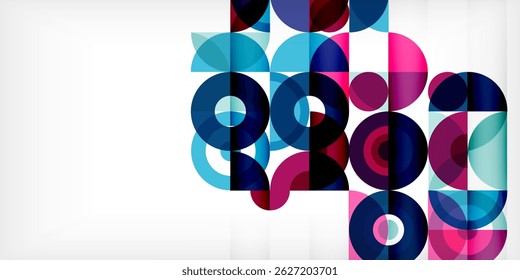 Abstract composition. Overlapping circles create vibrant, modern pattern. Blue, pink, purple hues dominate design. Minimalist aesthetic.