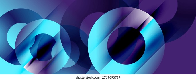 Composición Abstractas. Círculos superpuestos, Formas fluidas, azules fríos, púrpuras crean un efecto visual dinámico. Diseño moderno.