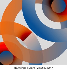 Abstract composition. Overlapping circles, gradients create dynamic visual effect. Warm, cool tones blend seamlessly. Modern design.
