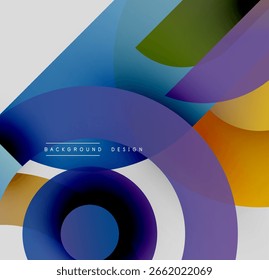 Composição abstrata. Círculos e linhas sobrepostos criam um efeito visual dinâmico. Tons azuis, laranja e verdes dominam o design. Estética moderna.