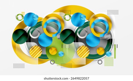 Abstract composition. Overlapping circles, rectangles, lines create dynamic visual effect. Yellow, blue, green dominate palette. Modern design.