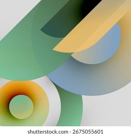 Abstract composition. Overlapping circles, rectangles create soft gradients. Colors include green, yellow, blue, black. Minimalist design.
