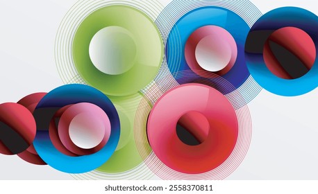 Abstract composition of overlapping circles with smooth gradients and transparency effects. Clean and modern design emphasizing depth, symmetry, and a minimal aesthetic