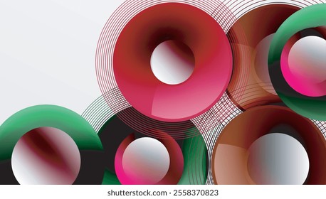 Abstract composition of overlapping circles with smooth gradients and transparency effects. Clean and modern design emphasizing depth, symmetry, and a minimal aesthetic