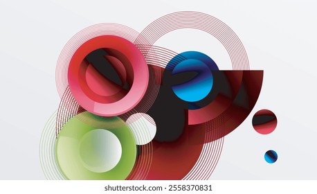 Abstract composition of overlapping circles with smooth gradients and transparency effects. Clean and modern design emphasizing depth, symmetry, and a minimal aesthetic