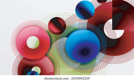 Abstract composition of overlapping circles with smooth gradients and transparency effects. Clean and modern design emphasizing depth, symmetry, and a minimal aesthetic