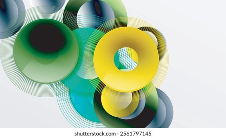 Abstract composition of overlapping circles with smooth gradients and transparency effects. Clean and modern design emphasizing depth, symmetry, and a minimal aesthetic