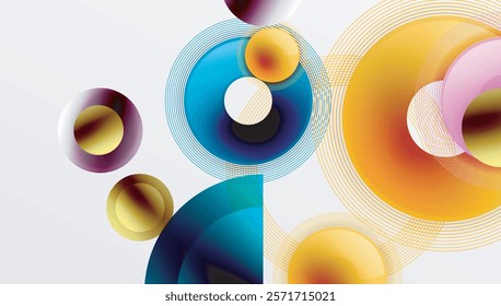 Abstract composition of overlapping circles with smooth gradients and transparency effects. Clean and modern design emphasizing depth, symmetry, and a minimal aesthetic