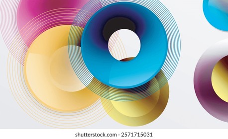 Abstract composition of overlapping circles with smooth gradients and transparency effects. Clean and modern design emphasizing depth, symmetry, and a minimal aesthetic