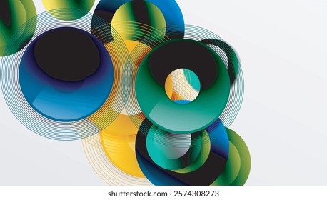 Abstract composition of overlapping circles with smooth gradients and transparency effects. Clean and modern design emphasizing depth, symmetry, and a minimal aesthetic