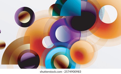 Abstract composition of overlapping circles with smooth gradients and transparency effects. Clean and modern design emphasizing depth, symmetry, and a minimal aesthetic