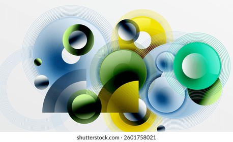 Abstract composition of overlapping circles with smooth gradients and transparency effects. Clean and modern design emphasizing depth, symmetry, and a minimal aesthetic