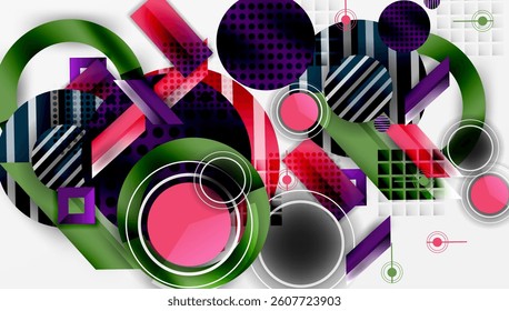 Abstract composition. Overlapping circles, squares, rectangles. Vibrant colors, patterns, gradients. Modern design, geometric shapes, dynamic arrangement.