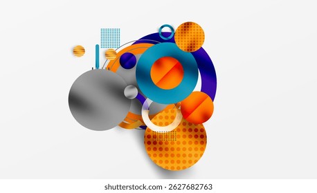 Abstract composition. Overlapping circles, squares, gradients create dynamic visual effect. Modern design elements present.