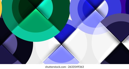 Abstract composition. Overlapping circles, squares create dynamic visual effect. Cool color palette dominates design. Modern, sleek aesthetic.