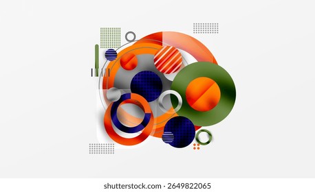 Abstract composition. Overlapping circles, squares, lines create dynamic visual effect. Modern design elements, bright colors present.