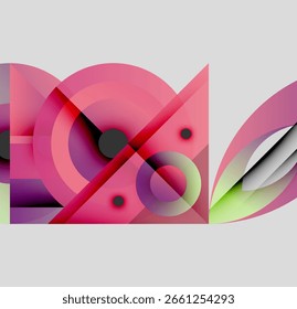 Composição abstrata. Círculos, quadrados e linhas sobrepostos criam um design vibrante e moderno. Tons rosa, roxo, verde dominam. Estética minimalista.