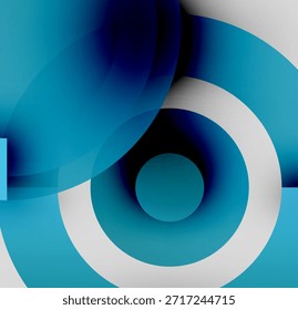 Composición Abstractas. Los círculos superpuestos, los distintos tonos azules y los acentos blancos crean un efecto visual dinámico. Elementos de diseño modernos presentes.
