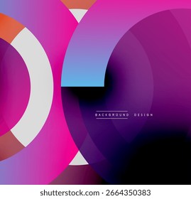 Abstract composition. Overlapping circles, vibrant gradients, geometric shapes create dynamic visual effect. Modern design elements present.
