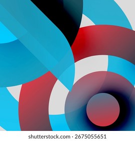 Abstract composition. Overlapping circles, vibrant colors, modern design. Blue, red, white dominate visual space. Smooth gradients present.